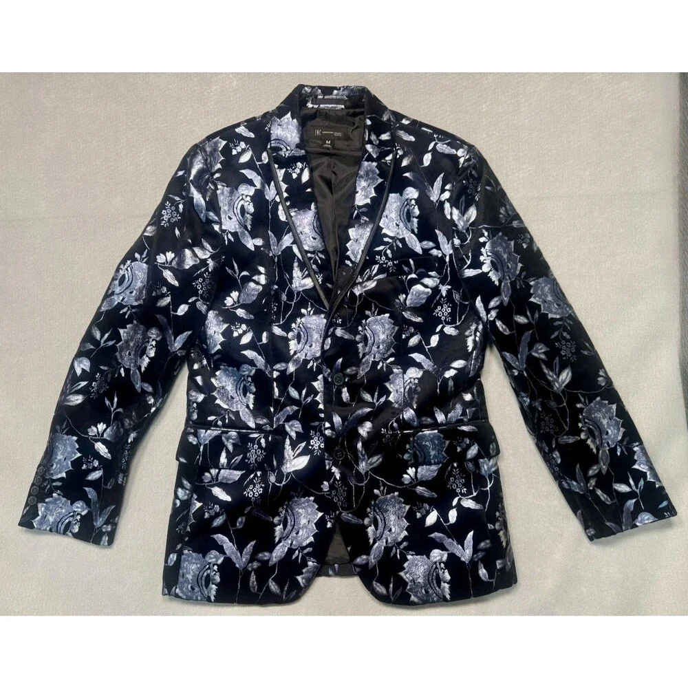 INC Men's Blazer Black Velvet With Silver Floral Jacket Party Nashville Medium